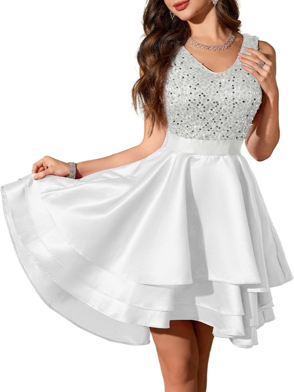 Women's White Short Sequin Low Satin Sleeveless Cocktail Bodycon Maxi Dress